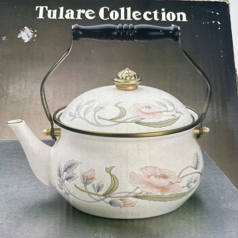 Vintage Tulare Collection Enamel Tea Kettle Pink Peony Floral Water Pot NIB